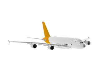 Airplane model with yellow color on tail isolated on white background