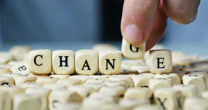 Slow motion macro of the word "Change" of the wooden letter blocks . Concept of financial market and future of stock market business.