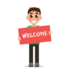  Boy Holding poster with word Welcome