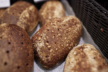 close up of rye bread at bakery or grocery store