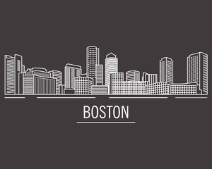City landscape of Boston in linear flat style on a black background