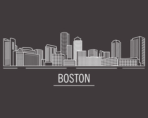 Naklejka premium City landscape of Boston in linear flat style on a black background