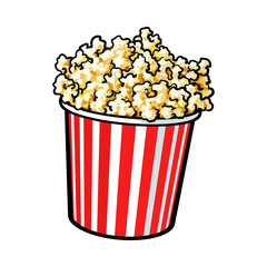Cinema popcorn in a big red and white striped bucket, sketch style vector illustration isolated on white background. Popcorn bucket, traditional cinema, movie theatre attribute, food, snack