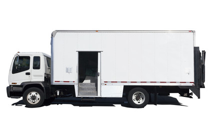 Isolated white utility delivery truck with side door open.