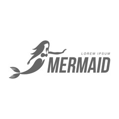 Fototapeta premium Stylized black and white graphic logo template with long haired mermaid turned profile, vector illustration isolated on white background.