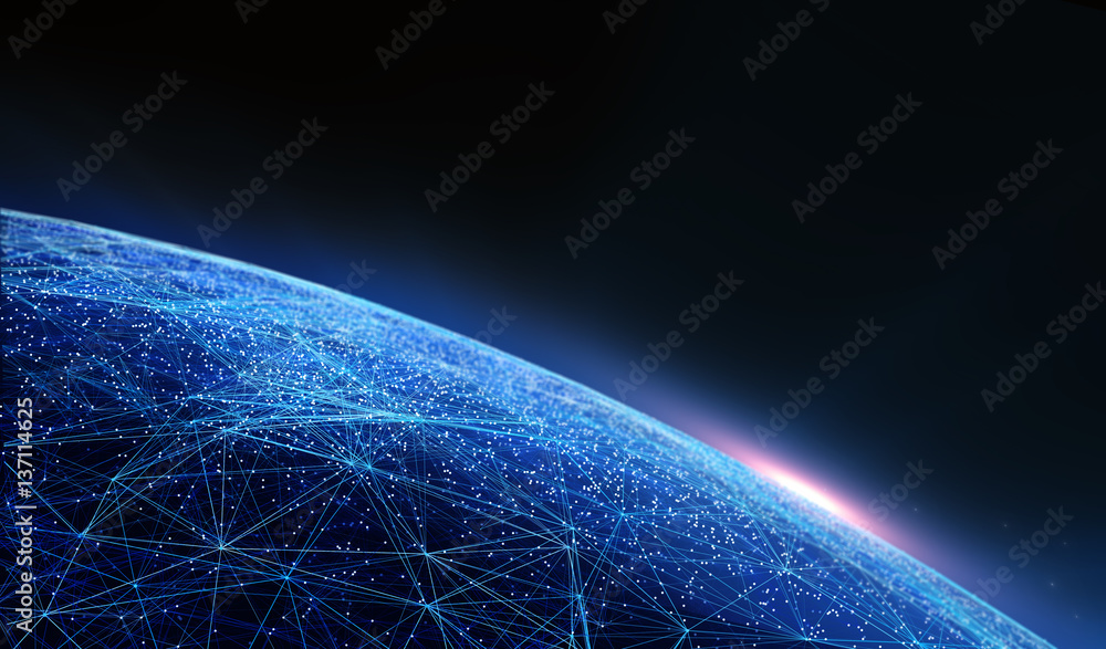 Poster Technology background, abstract background with connecting dots and lines. Connection structure digital communication. Earth futuristic technology abstract background.	