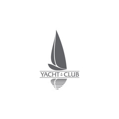 Black and white graphic yacht club, sailing sport logo template with wind filling the sails, vector illustration isolated on white background. Graphic yacht, sail boat logotype, logo design
