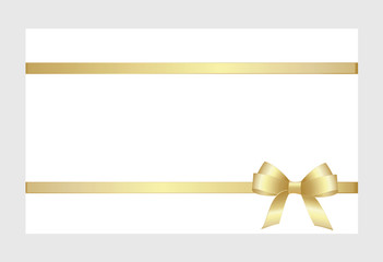 Card with Shiny Golden Satin Gift Bow Close up, has space for text on white  background