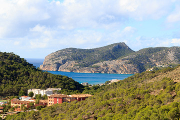 Fototapeta na wymiar Majorca mountain panorama and Mediterranean Sea near Peguera, Spain