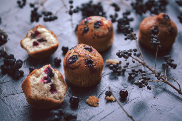 muffin with currants on a dark background next to the berries on the branches. in a rustic style. dark style