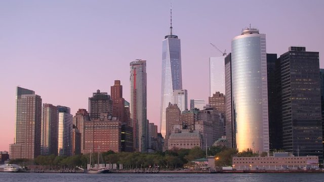 Iconic skyscraper skyline in Lower Manhattan at magical pink light of a dawn
