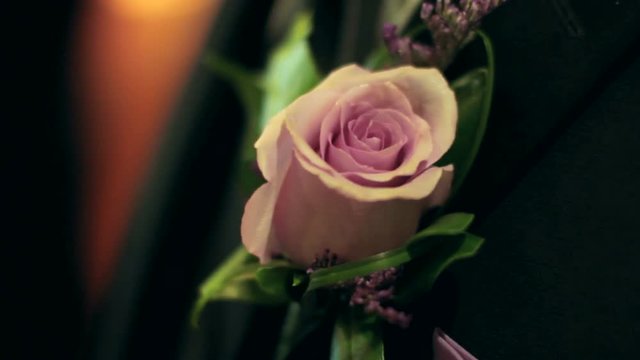 Close up of a rose boutonniere on suit of groom.