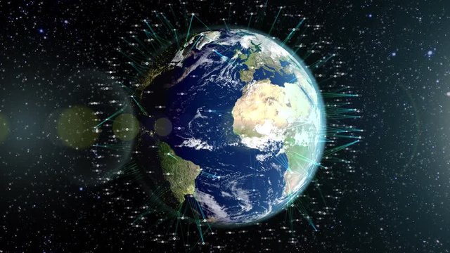 Earth seen from space with hundreds of animated satellites shown communicating with earth. Seamless loop of full rotaion
