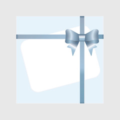 Vector White Square Gift Box with  Rectangle paper card and tied Blue Satin Bow.