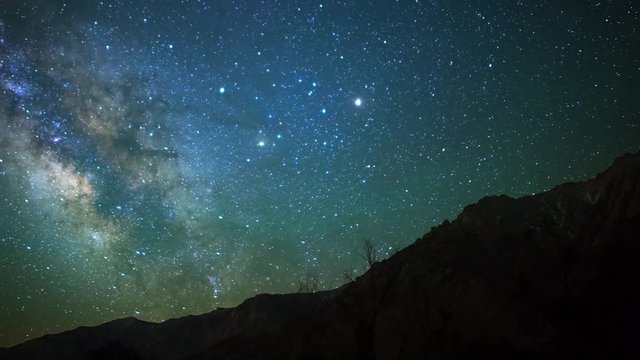 Astro Time Lapse of Milky Way & Moon Rise over Sierra Nevada Mtns -Pan Left-