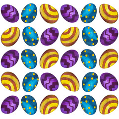 Easter background with eggs. Watercolor hand drawn on white background. Decorative pattern in bright colors.