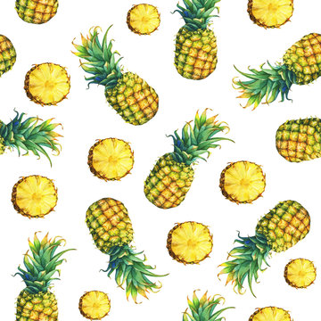 The seamless pattern of of fresh fruit pineapple with green leaves. Hand drawn watercolor painting on white background.