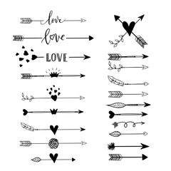 Handdrawn arraws, borders set with hearts, crown, wings, love for Valentines Day and wedding greeting cards, posters. Vector icon.