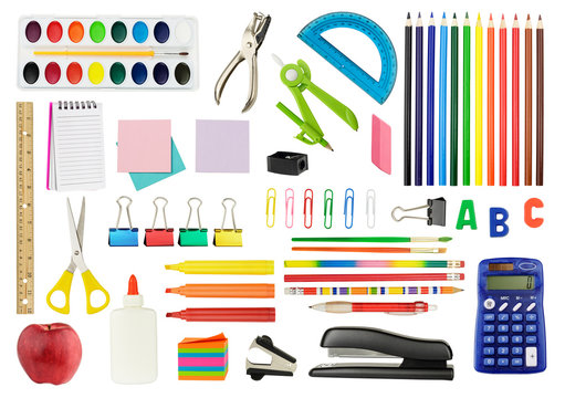Collection of various school supplies, isolated on white background.