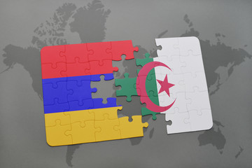 puzzle with the national flag of armenia and algeria on a world map