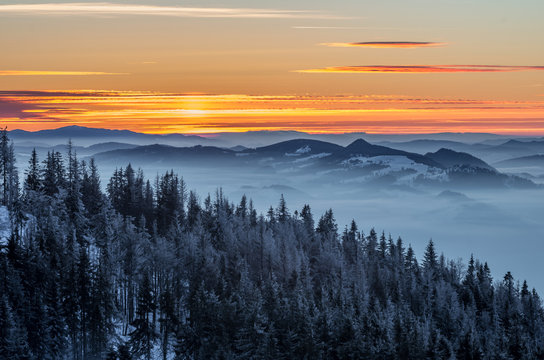 Morning panorama from Luban peak in Gorce mountains, Poland