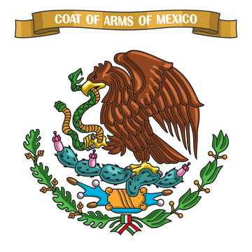 Vector illustration on theme Mexican Coat of Arms, heraldic shield on national state emblem and symbol of Mexico - golden eagle, on ribbon title text: coat of arms of mexico, mexican official heraldry
