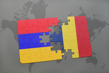 puzzle with the national flag of armenia and chad on a world map
