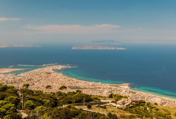 View from the Erice hill at the coast and city of Trapani in Sicily, Italy