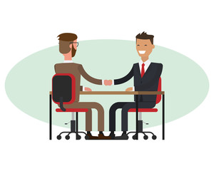 Handshake of two businessmen behind a desk. Vector.