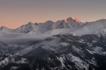 Fototapeta na wymiar Winter Tatra mountains, Lodowy Szczyt (Ice Peak) in High Tatra mountain range