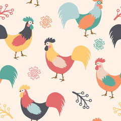 Beautiful pattern with roosters, branches and flowers on background. Vector illustration.