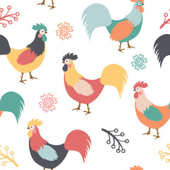 Beautiful pattern with roosters, branches and flowers on white background. Vector illustration
