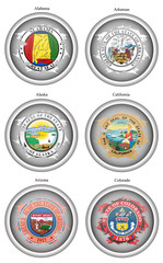 Fototapeta na wymiar Set of icons. States of USA seals. Vector. 3D.