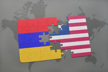 puzzle with the national flag of armenia and liberia on a world map