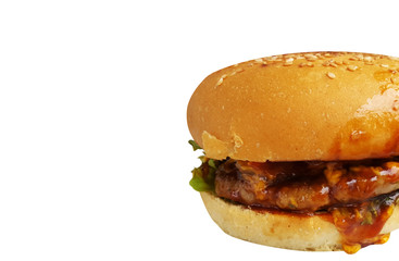 Hamburger closeup on white background