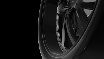 Aluminium on shadow and light rim of luxury car wheel. Various material and background, 3D render