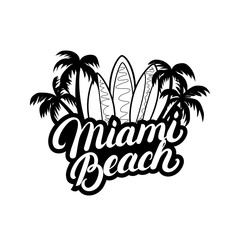 Miami Beach hand written lettering with palms and surfboards.