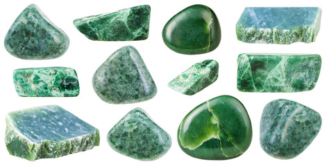 collection of various tumbled green jade stones - obrazy, fototapety, plakaty