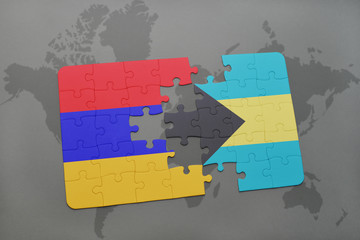 puzzle with the national flag of armenia and bahamas on a world map