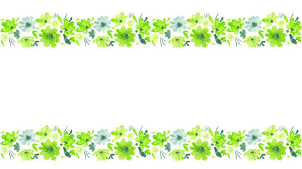 Green watercolor flowers border. Leaves, dots spirals and decorative elements. Seamless on white background. Nice for sites and card decoration.