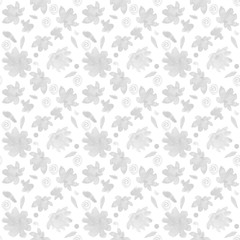 Grey flowers watercolor pattern. Leaves, dots spirals and decorative elements. Seamless pattern on white background. Monochrome light toned decoration.