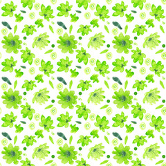 Green flowers pattern. Leaves, dots spirals and decorative elements. Seamless pattern on white background.  Nice for sites and card decoration.