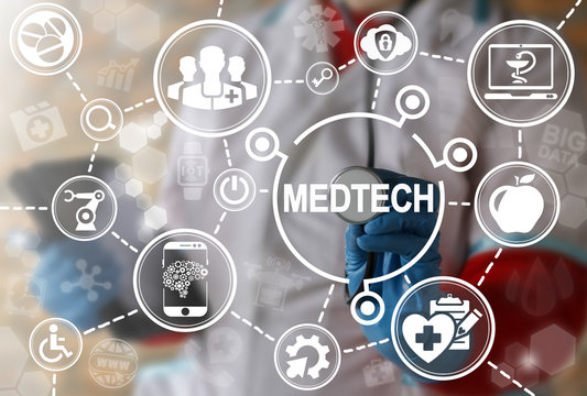 Medicine technology integration automation computing health care concept. Medtech, big data, IoT, IT, AI healthy modernization, medical engineering and rodotic healthcare development