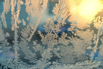 Frost on the glass in the frosty sunny day