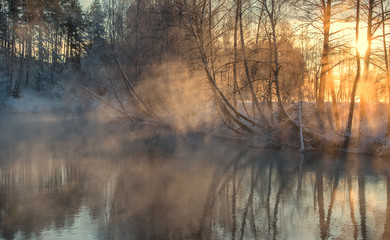 foggy morning  Dramatic wintry scene. misty over the winter river. 