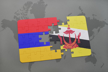 puzzle with the national flag of armenia and brunei on a world map