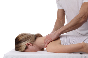 Obraz na płótnie Canvas Chiropractic, osteopathy, dorsal manipulation. Therapist doing healing treatment on women's back . Alternative medicine, pain relief concept isolated on white.