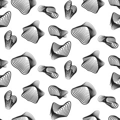 Abstract black spiral lines vector icons seamless pattern. Weird substance background.