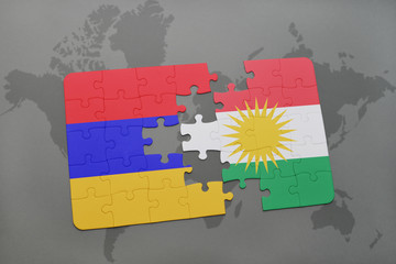 puzzle with the national flag of armenia and kurdistan on a world map