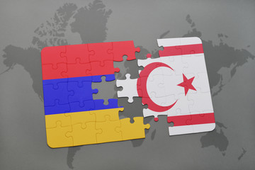 puzzle with the national flag of armenia and northern cyprus on a world map